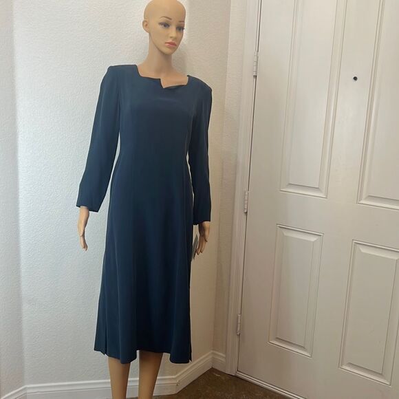 Patrick Petites Dress Size 4P 💯 Silk Teal Green Midi Long Sleeve Side Slits - Picture 1 of 11
